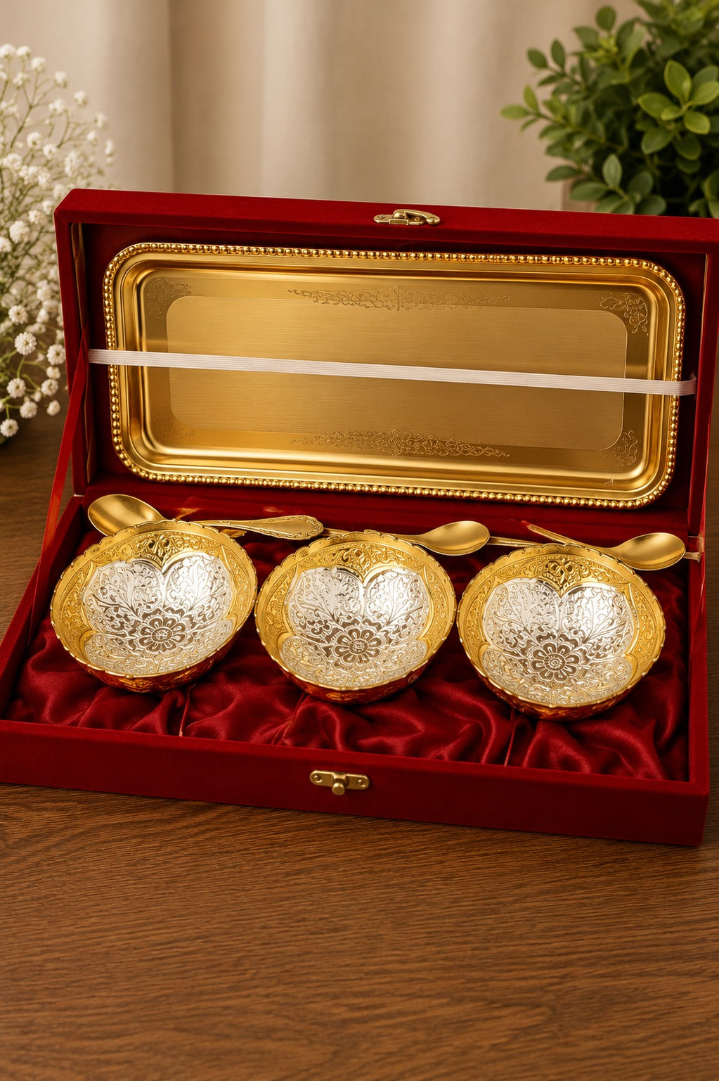 Customizable Premium 3 Bowl Serving Set with Tray & Spoons | Luxury Dry Fruit Gift Box for Corporate Gifting | Gift Mitra