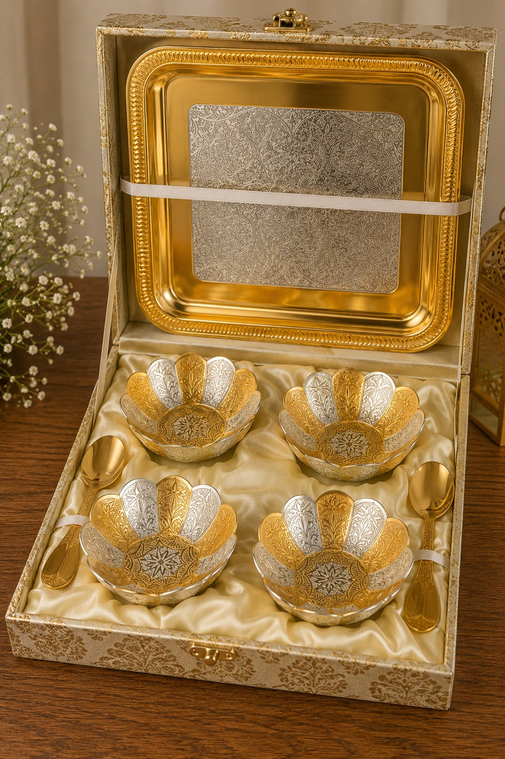 Customizable Premium 4 Bowl Serving Set with Tray & Spoons | Luxury Dry Fruit Gift Box for Corporate Gifting | Gift Mitra