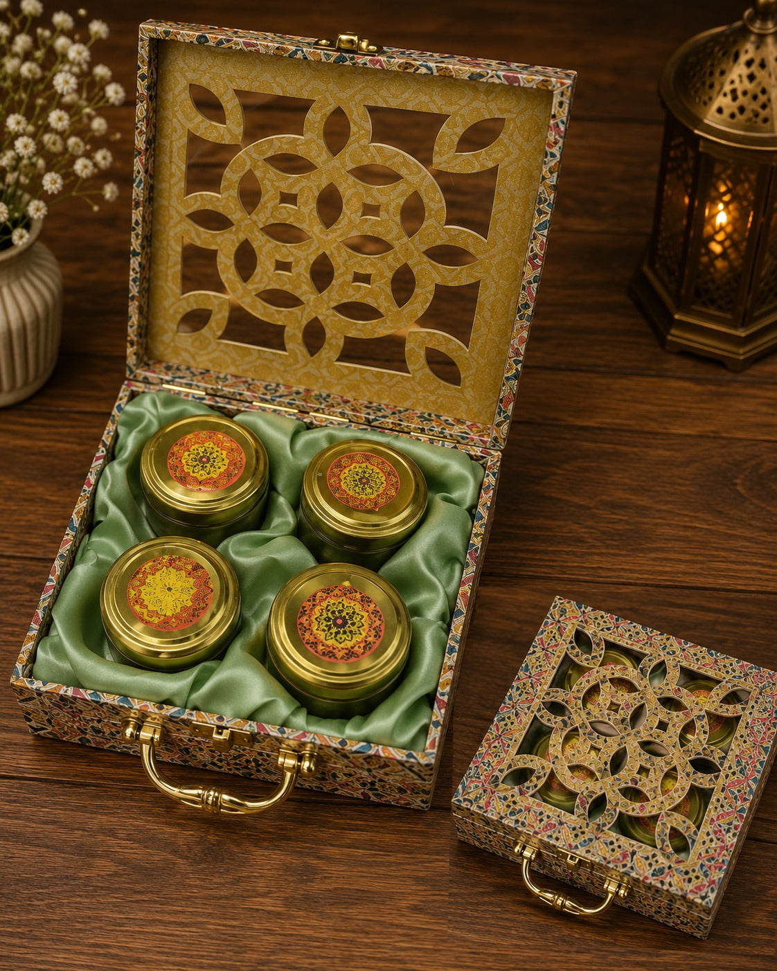 Customizable Premium 4 Jar Trunk Box Gift Set | Luxury Dry Fruit, Spice & Sweet Storage Gift Box for Corporate Gifting | Gift Mitra
