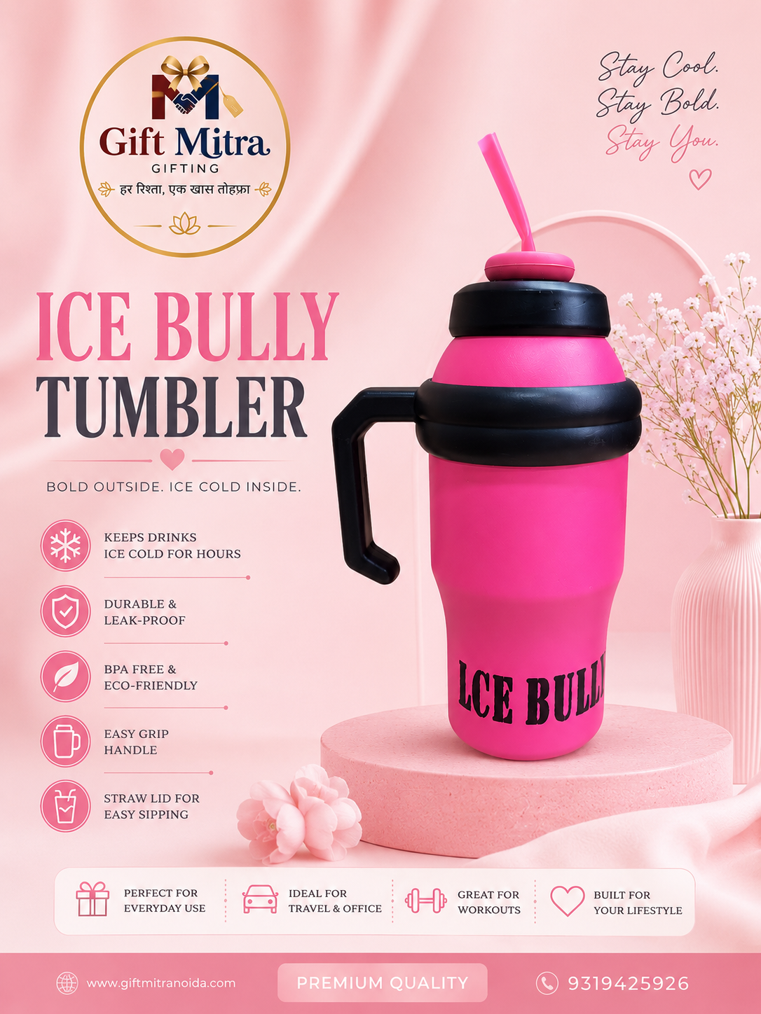 Ice Bully Insulated Stainless Steel Tumbler with Handle & Straw | Vacuum Travel Mug | Hot & Cold Water Bottle | Gift Mitra