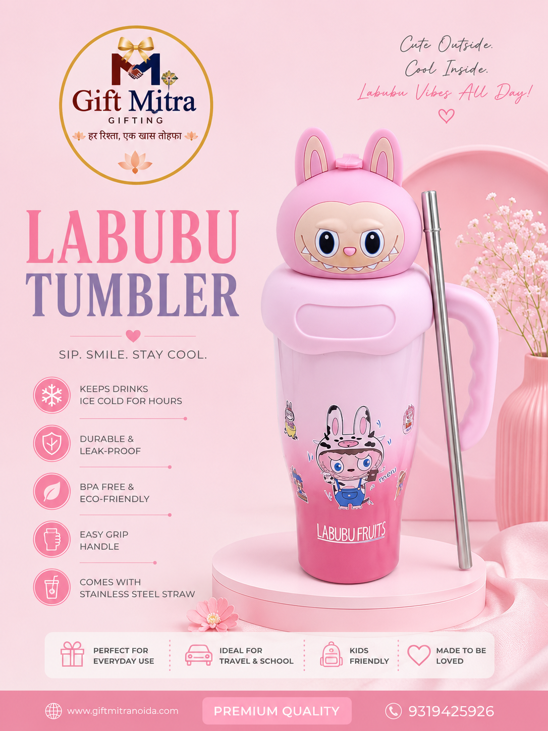 Labubu Cartoon Insulated Stainless Steel Tumbler with Handle & Straw | Cute Kids Water Bottle | Gift Mitra
