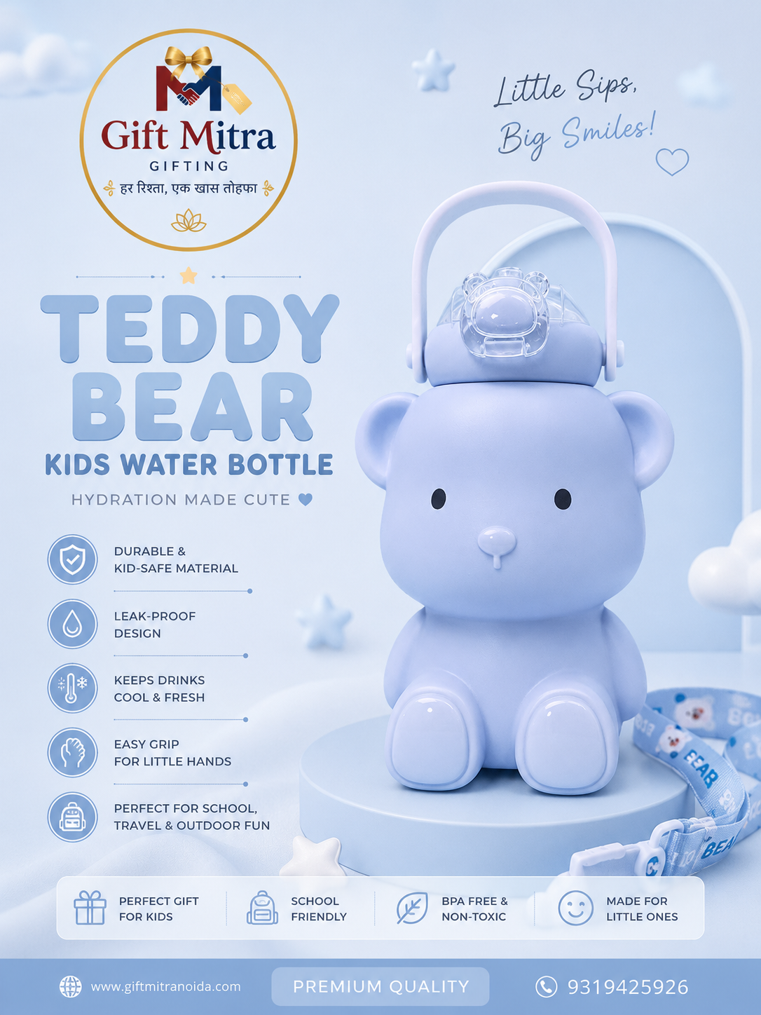 Cute Teddy Bear Kids Water Bottle with Straw & Handle | Leakproof BPA-Free Sipper Bottle | Gift Mitra