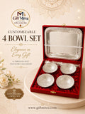 Premium customizable 4 bowl serving set with tray and velvet gift box for corporate gifting, Diwali gifts, wedding return gifts and festive celebrations.
