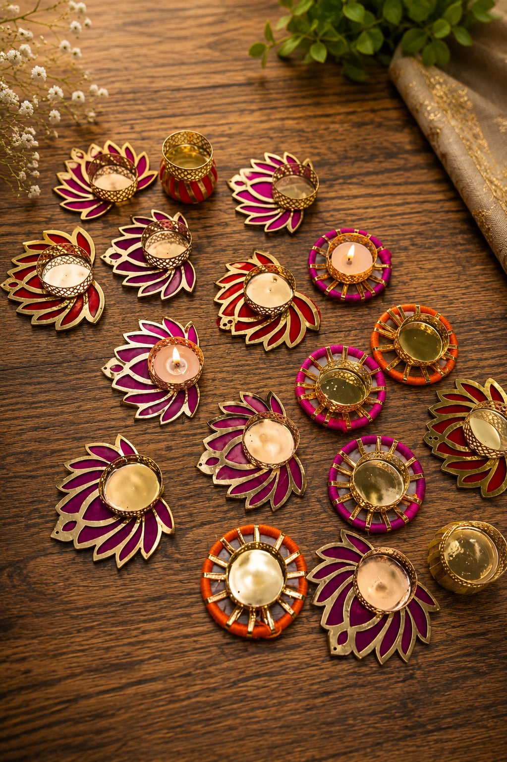 Decorative Lotus Tealight Candle Holder Set | Handmade Diwali Candle Holders for Home Decor & Gifting | Gift Mitra