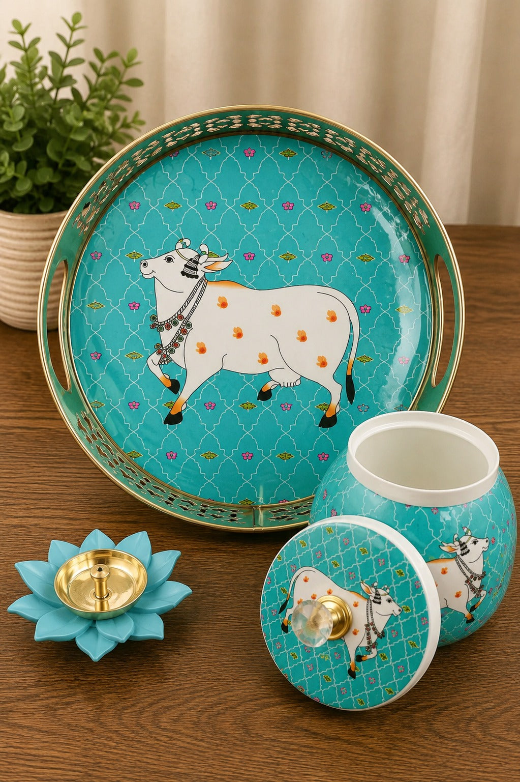 Decorative Tray, Jar & Lotus Diya Gift Set | Premium Festive Home Décor & Corporate Gift Hamper | Gift Mitra