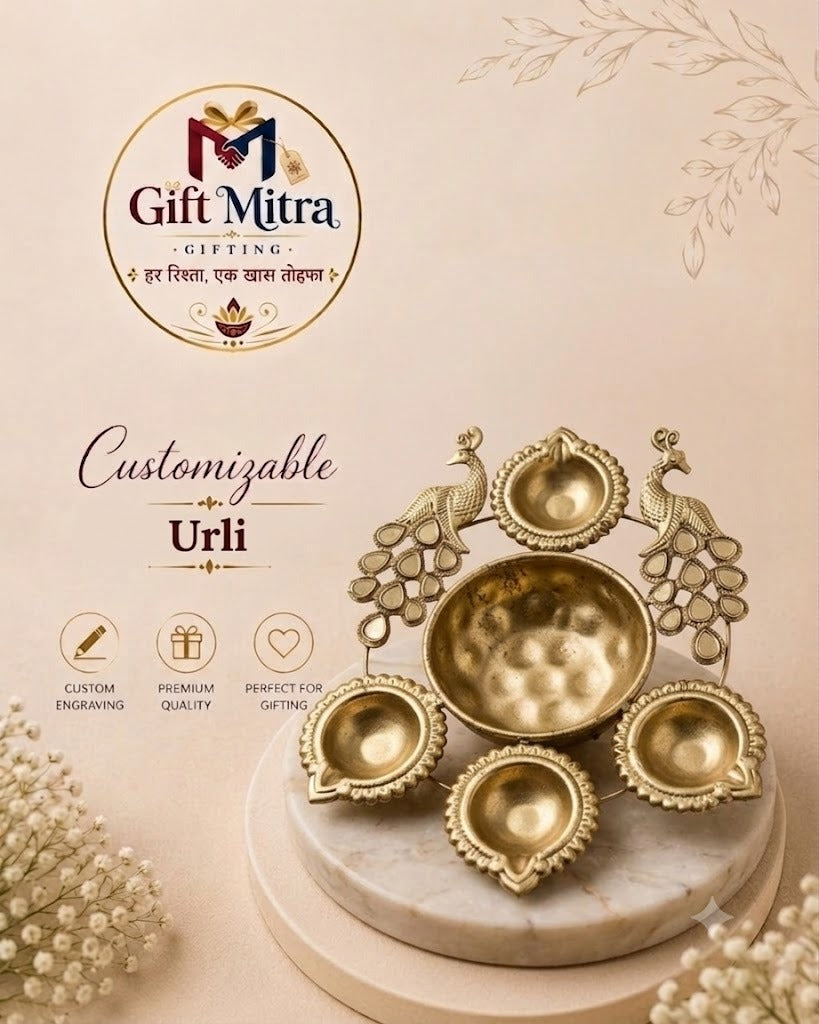 Customizable Premium Brass Peacock Urli & Diya Set | Decorative Floating Urli Bowl for Home Décor, Diwali & Corporate Gifting | Gift Mitra