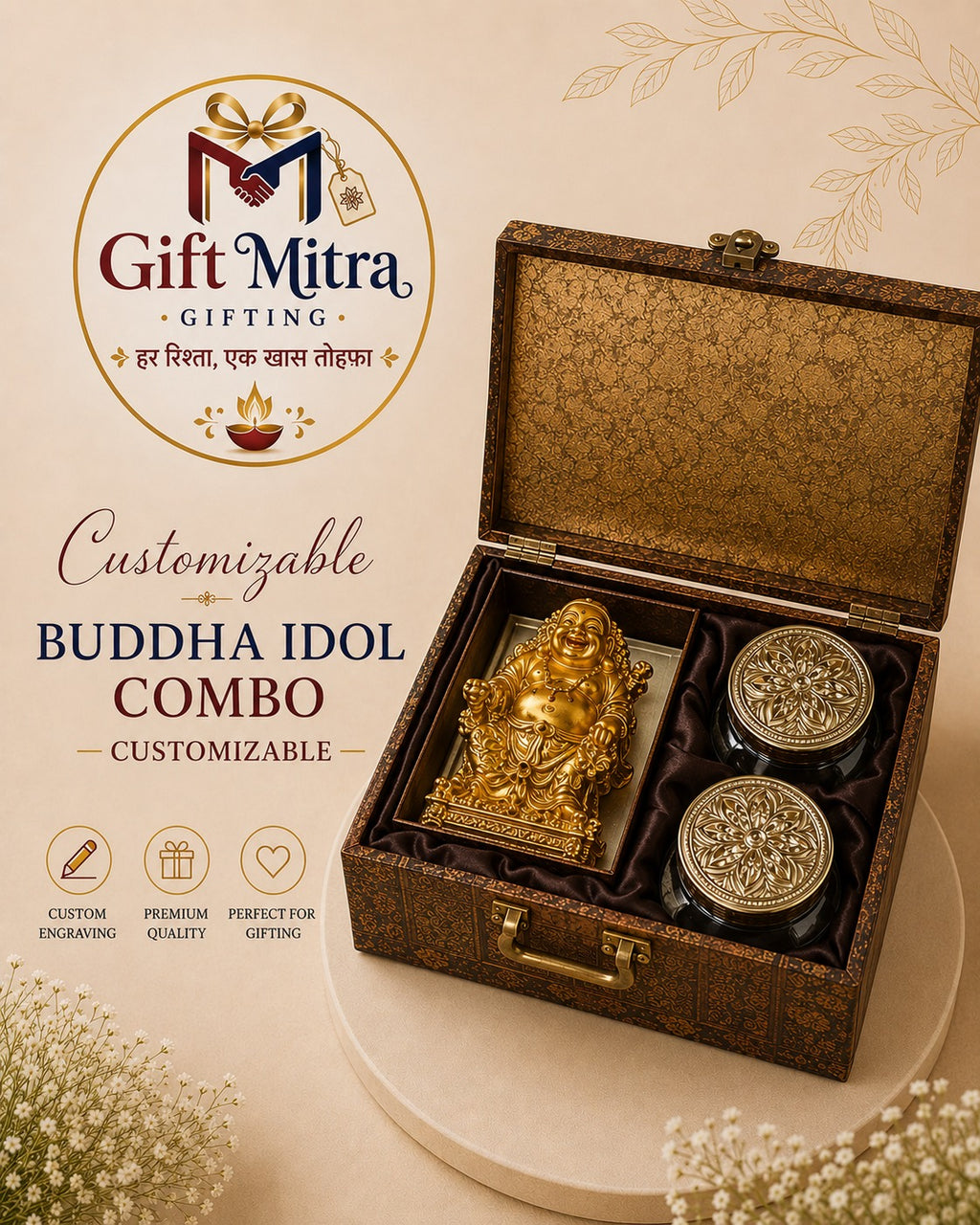 Customizable Premium Laughing Buddha Idol Combo with Decorative Storage Boxes | Luxury Home Décor & Corporate Gift Set | Gift Mitra