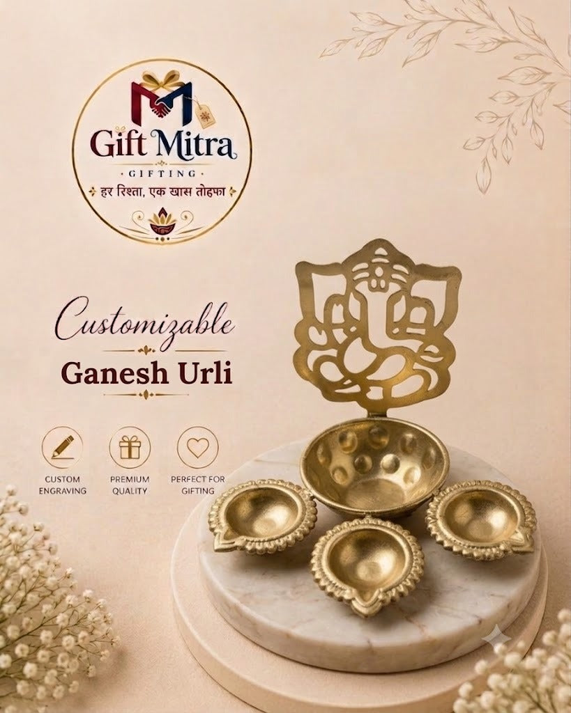 Customizable Premium Brass Ganesh Urli with Diya Set | Decorative Floating Bowl for Home Temple & Corporate Gifting | Gift Mitra  URL Handle