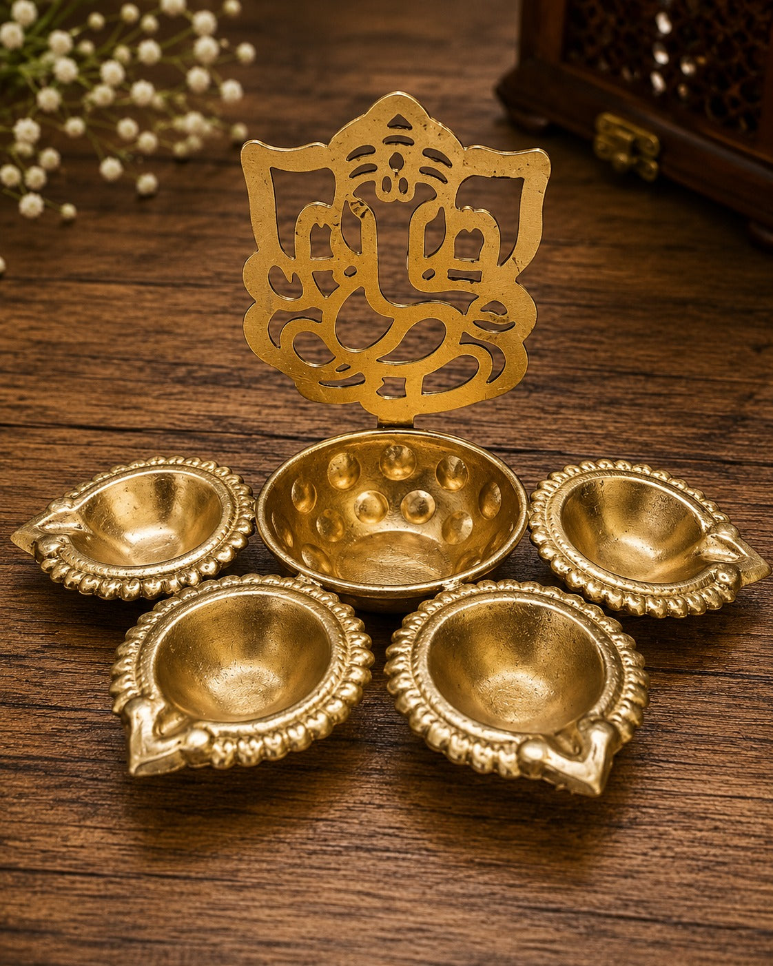 Customizable Premium Brass Ganesh Urli with Diya Set | Decorative Floating Bowl for Home Temple & Corporate Gifting | Gift Mitra  URL Handle