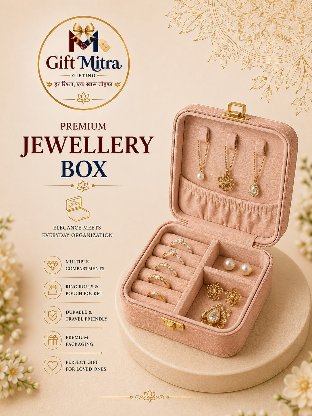 Premium Travel Jewelry Organizer Box with Zipper | Portable Ring, Earring & Necklace Storage Case | Gift Mitra