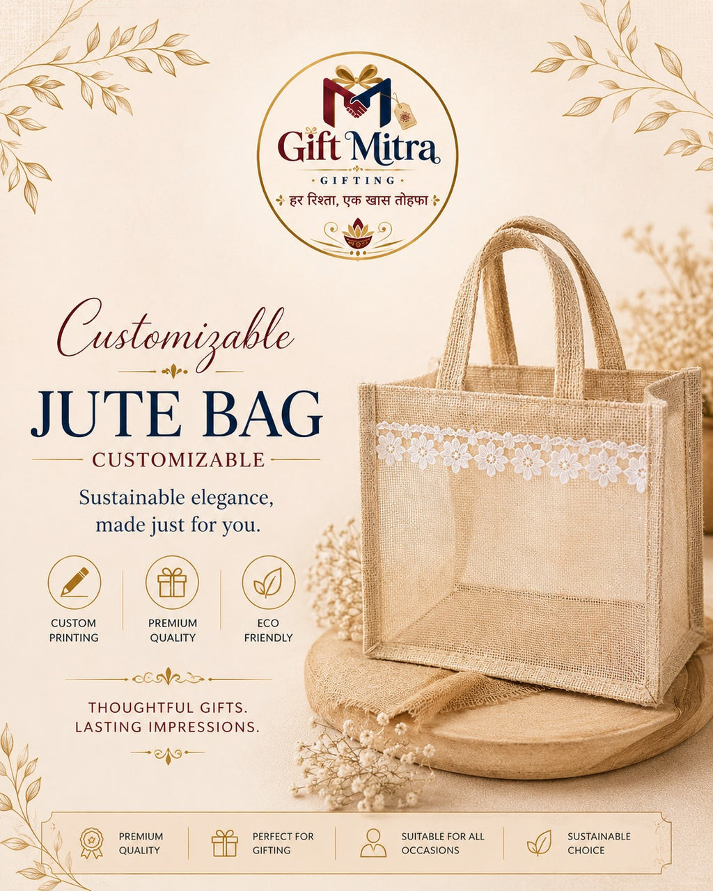Customizable Eco-Friendly Jute Gift Bag | Reusable Shopping, Corporate & Wedding Gift Bag | Gift Mitra