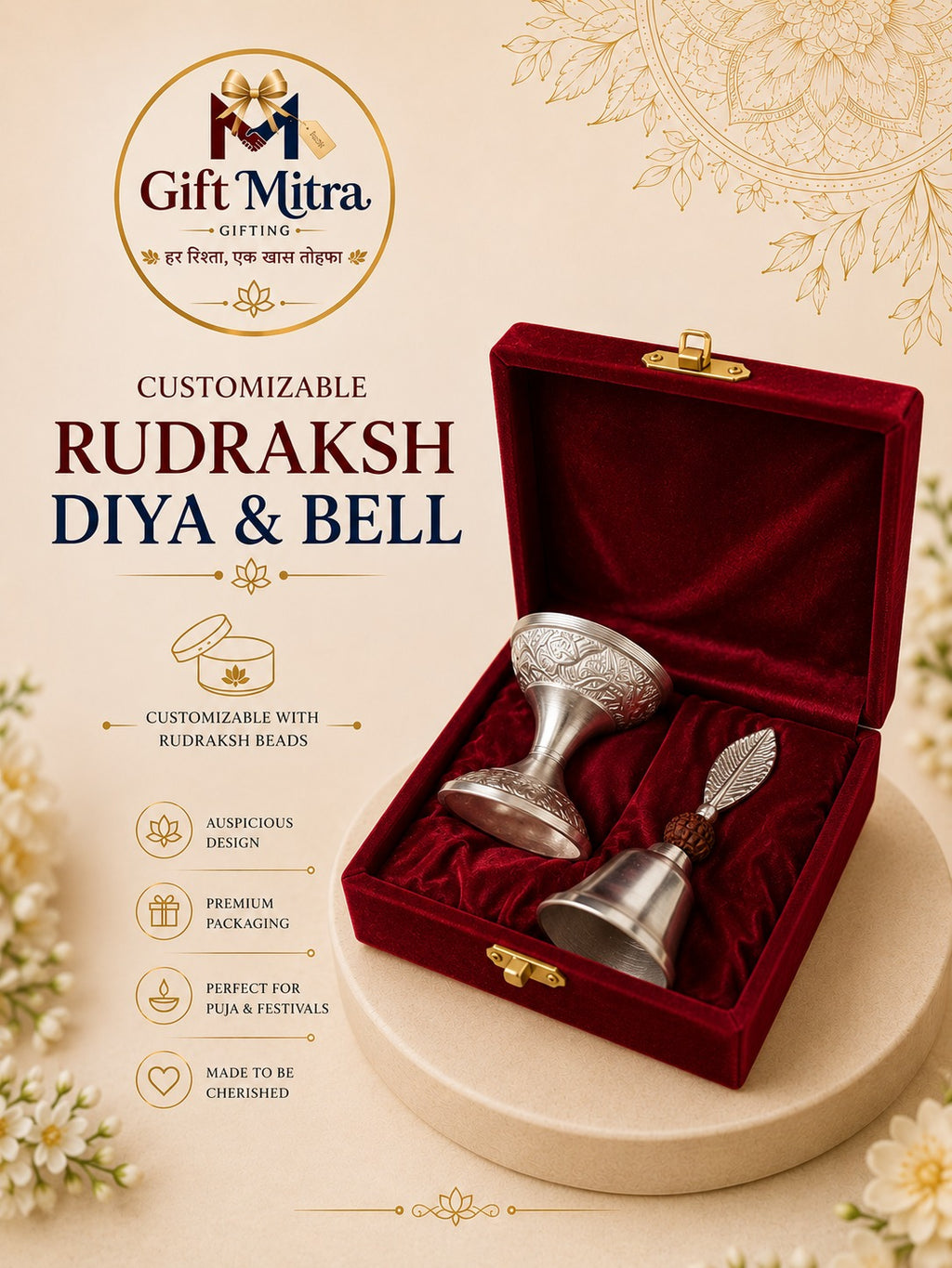 Customizable Rudraksh Diya & Bell Set | Premium Pooja Gift Box for Festivals, Corporate Gifting & Return Gifts | Gift Mitra