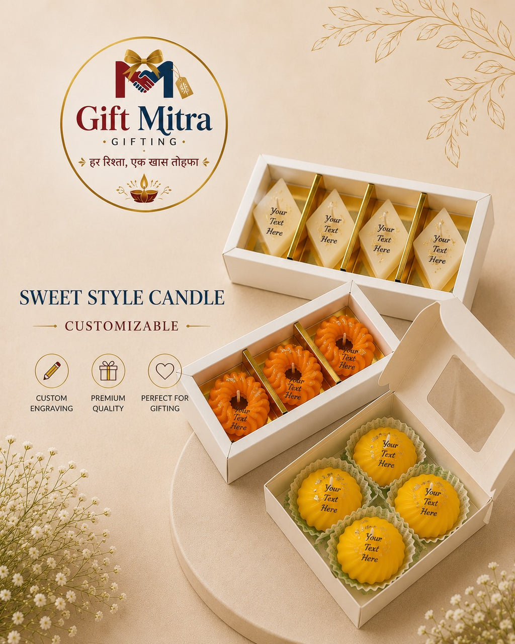 Customizable Sweet Style Decorative Candle Gift Set | Luxury Diwali Candles for Home Décor & Corporate Gifting | Gift Mitra