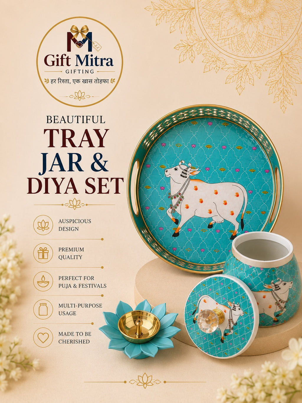 Decorative Tray, Jar & Lotus Diya Gift Set | Premium Festive Home Décor & Corporate Gift Hamper | Gift Mitra