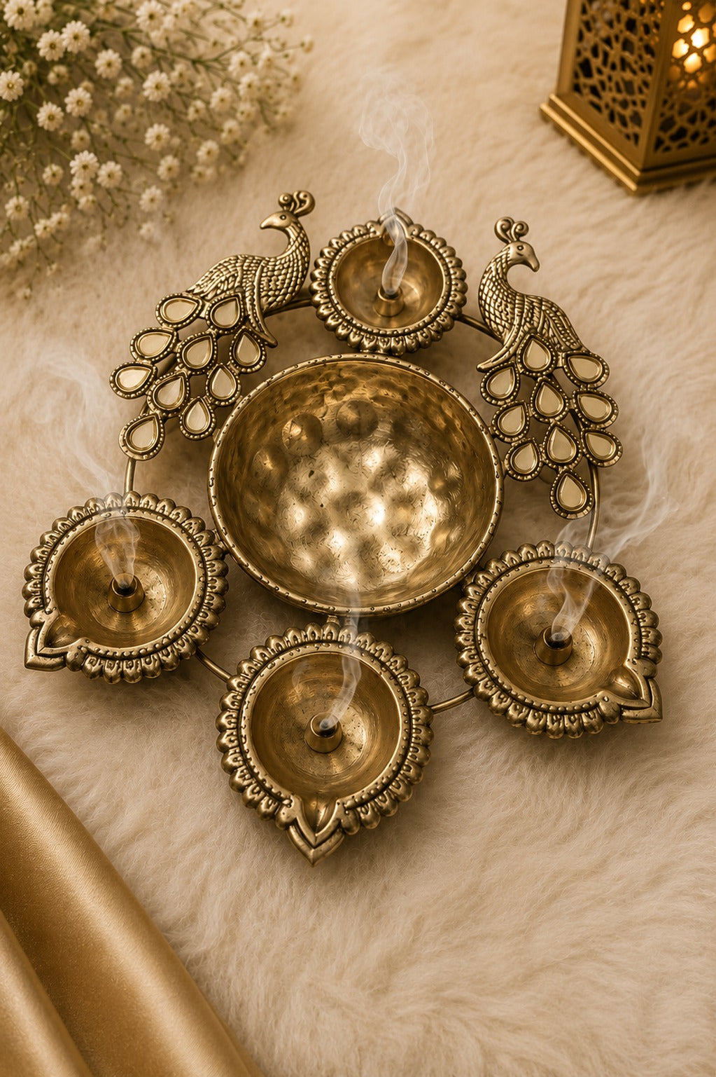 Customizable Premium Brass Peacock Urli & Diya Set | Decorative Floating Urli Bowl for Home Décor, Diwali & Corporate Gifting | Gift Mitra